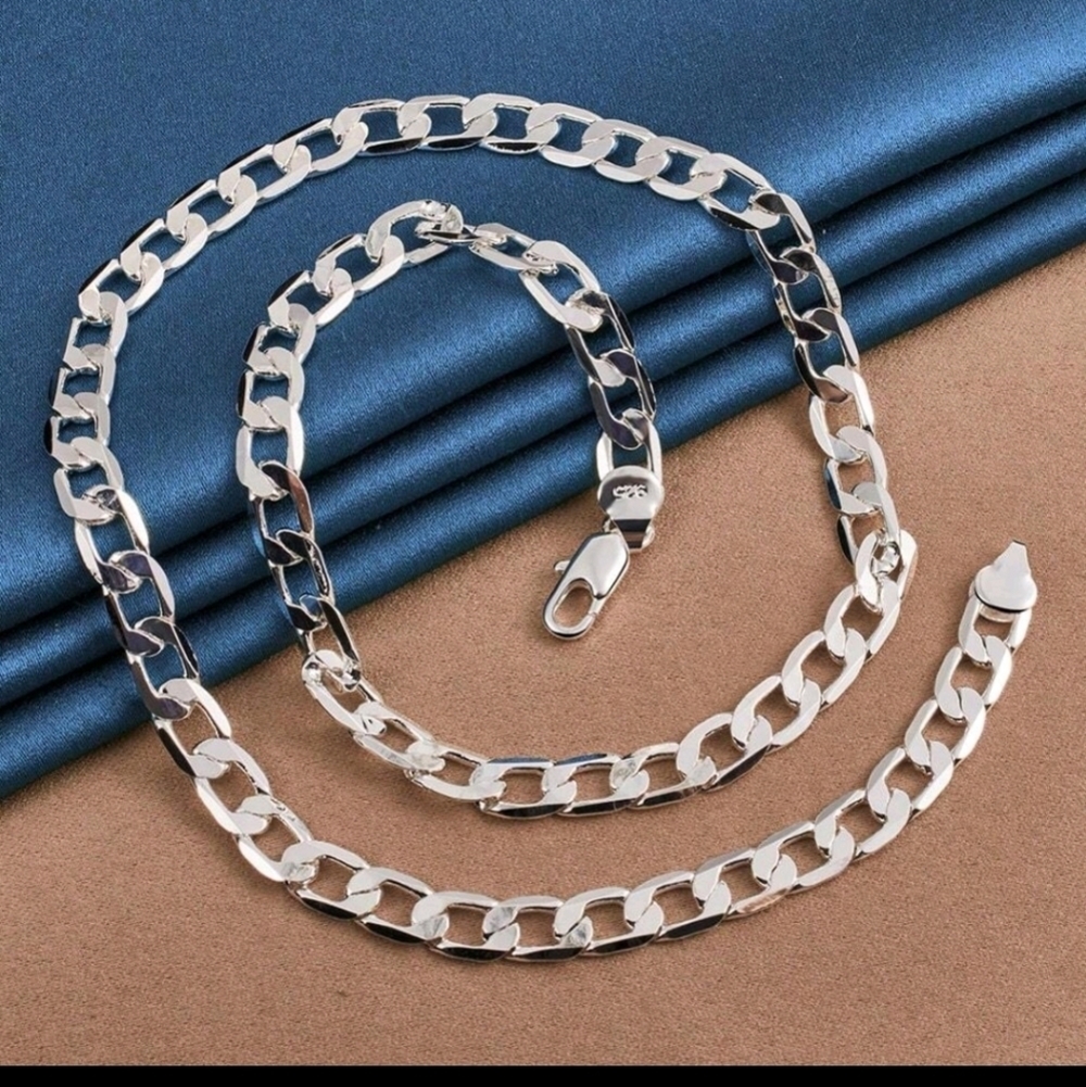 Silver Plated 8mm Curb Flat Side Cubin Link Chain Necklace 20"